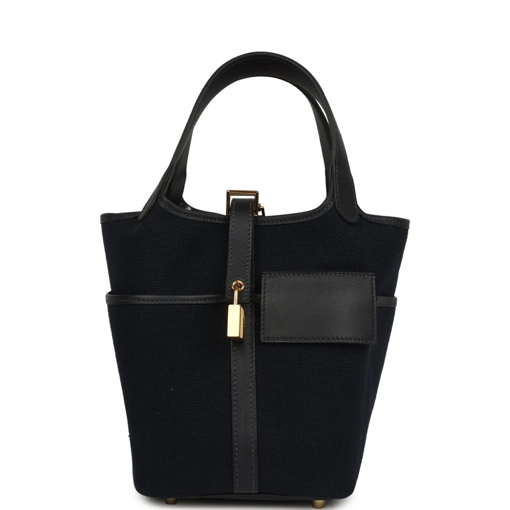 Hermes Picotin Cargo 18 Bleu Marine Swift and Toile Canvas Gold Hardware