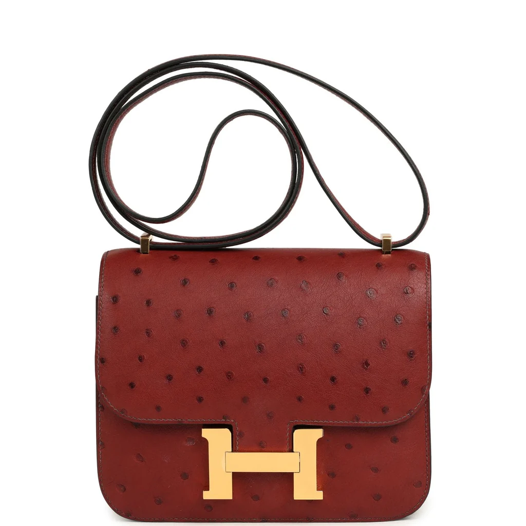 Pre-owned Hermes Constance 18 Rouge H Ostrich Gold Hardware