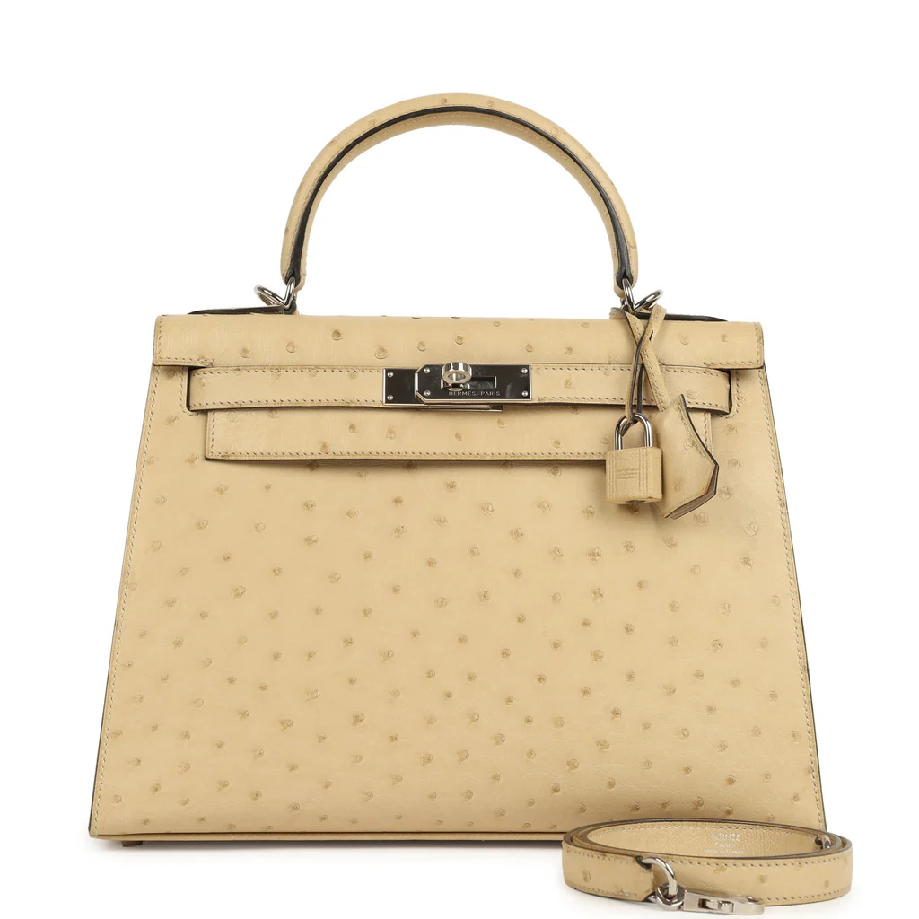 Pre-owned Hermes Kelly Sellier 28 Parchemin Ostrich Palladium Hardware
