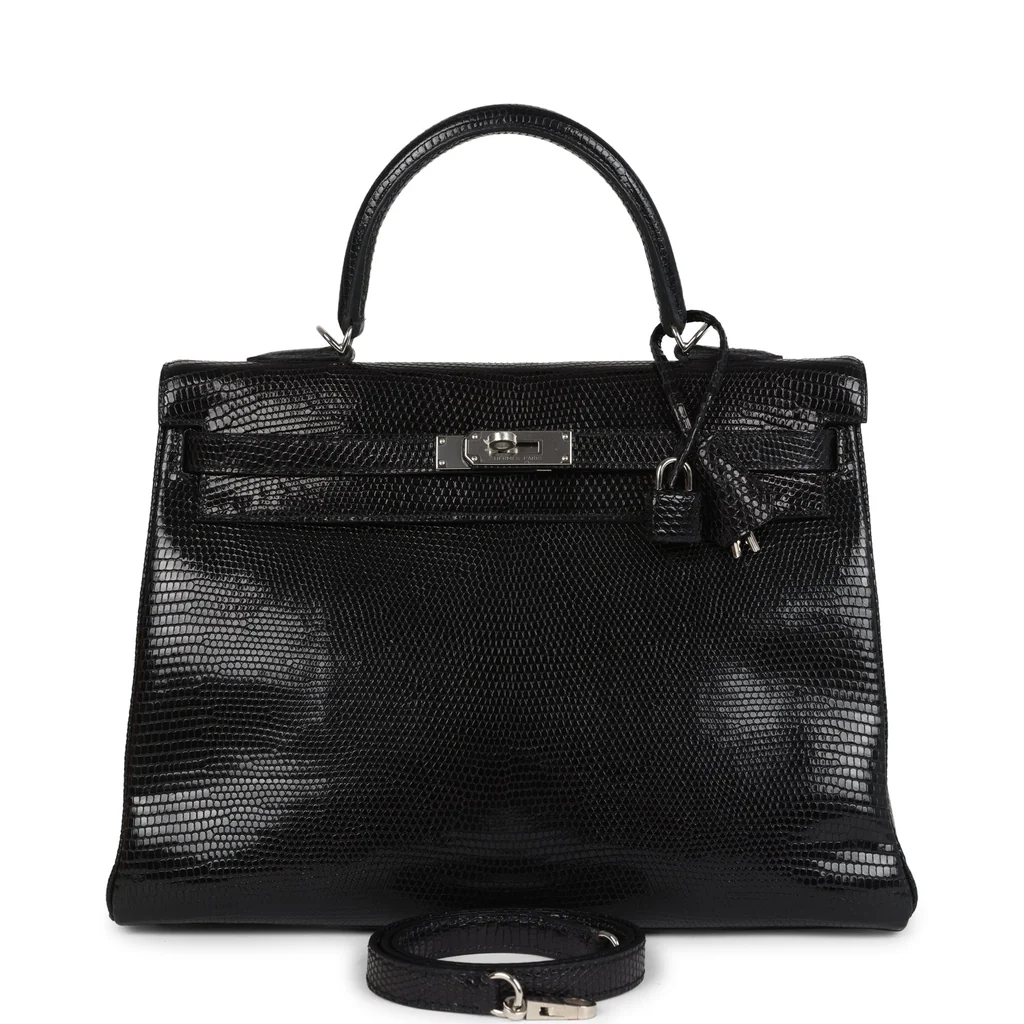 Hermes Kelly Retourne 35 Black Varanus Niloticus Lizard Palladium Hardware