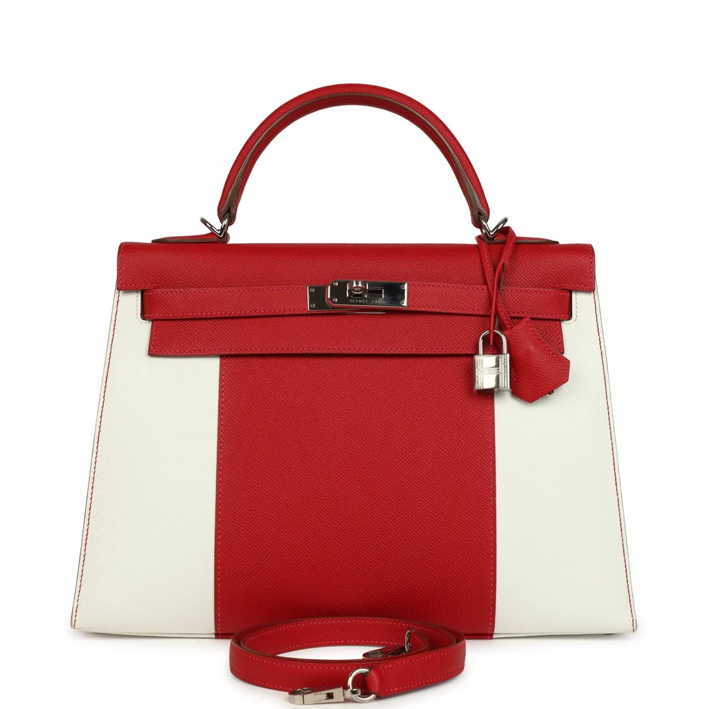 Pre-owned Hermes Flag Kelly Sellier 32 Rouge Casaque, White Epsom Palladium Hardware