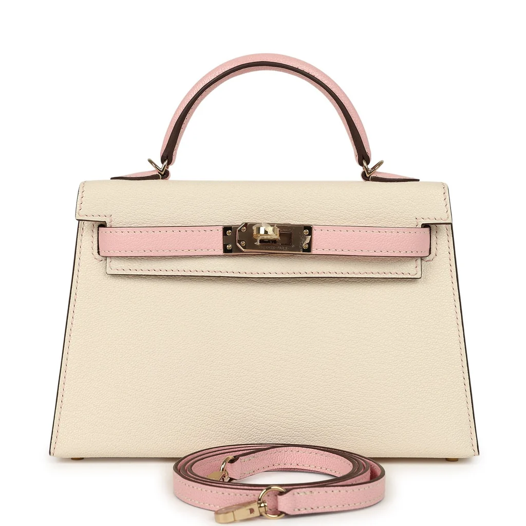 Hermes Special Order (HSS) Kelly Sellier 20 Craie, Rose Sakura Chevre Mysore Permabrass Hardware