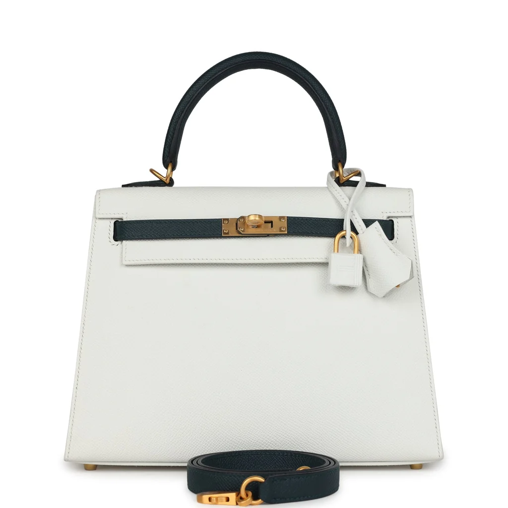 Hermes Special Order (HSS) Kelly Sellier 25 White, Vert Cypress Epsom Brushed Gold Hardware