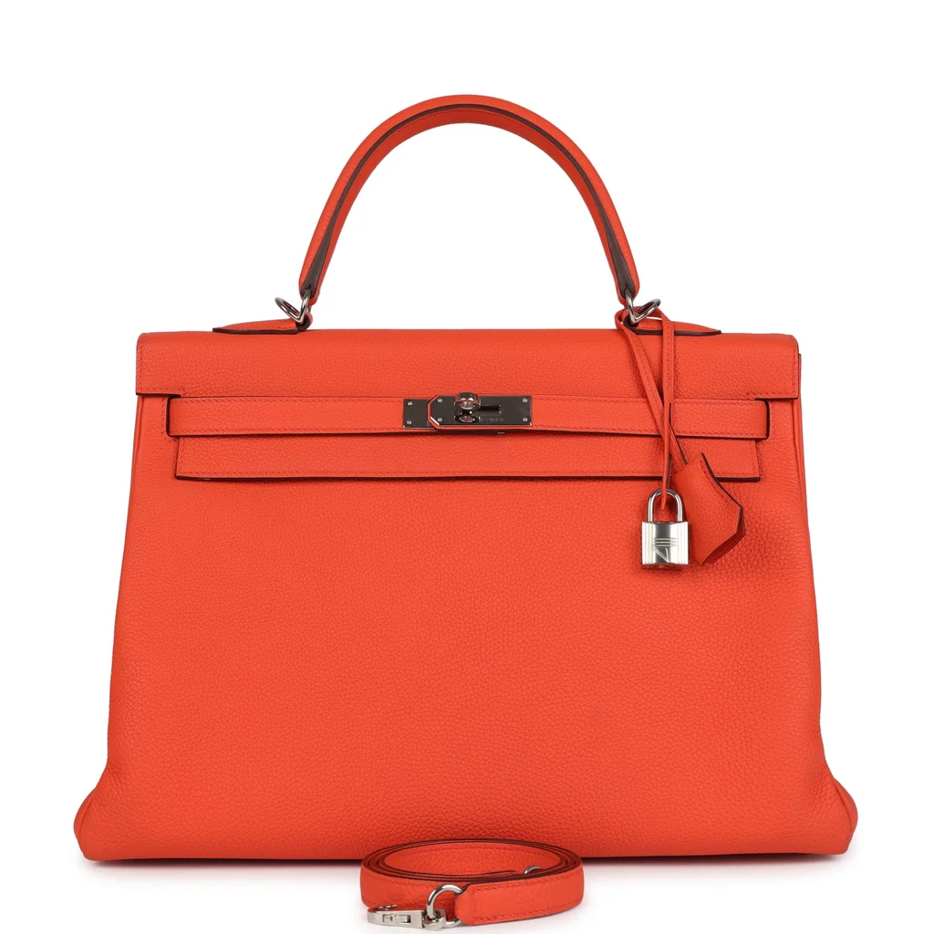 Pre-owned Hermes Kelly Retourne 35 Orange Poppy Togo Palladium Hardware