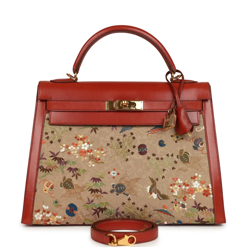 Vintage Hermes "Kimono" Kelly Sellier 32 Brique Box and Embroidered Silk Gold Hardware