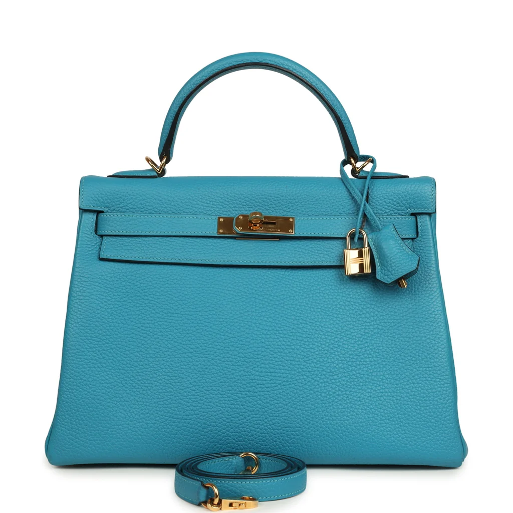 Pre-owned Hermes Kelly Retourne 32 Turquoise Clemence Gold Hardware