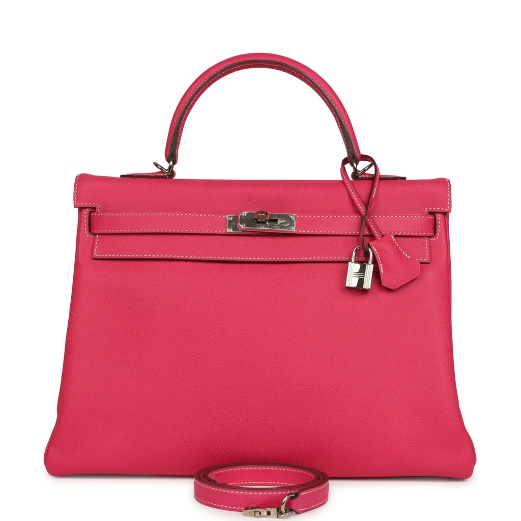Pre-owned Hermes Candy Kelly Retourne 35 Rose Tyrien Epsom Palladium Hardware