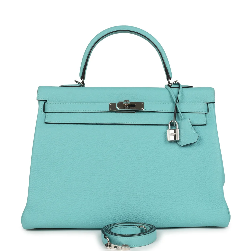 Pre-owned Hermes Kelly Retourne 35 Bleu Atoll Clemence Palladium Hardware