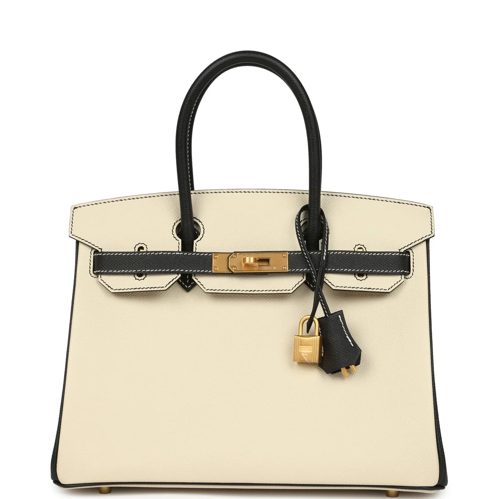 Hermes Special Order (HSS) Birkin 30 Craie, Black Epsom Brushed Gold Hardware