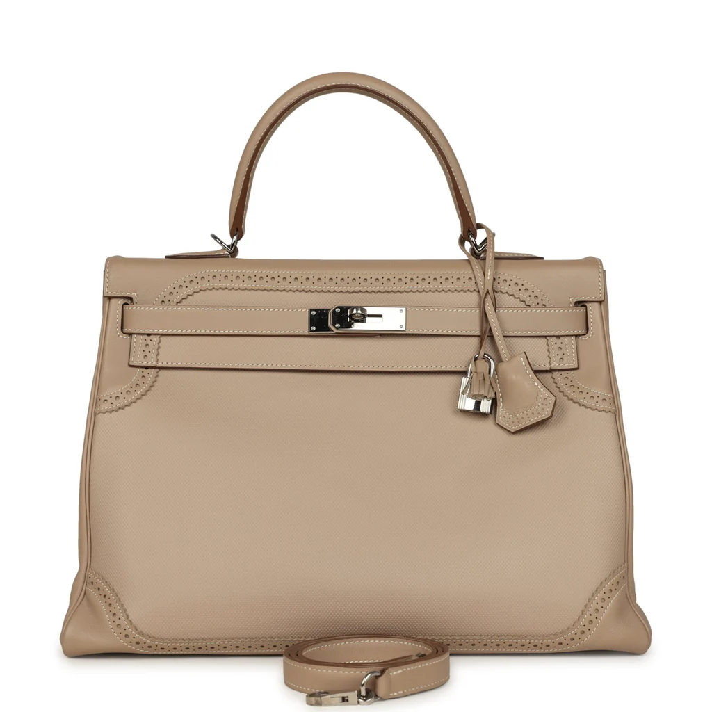 Pre-owned Hermes Ghillies Kelly Retourne 35 Argile Swift and Grain D'H Palladium Hardware