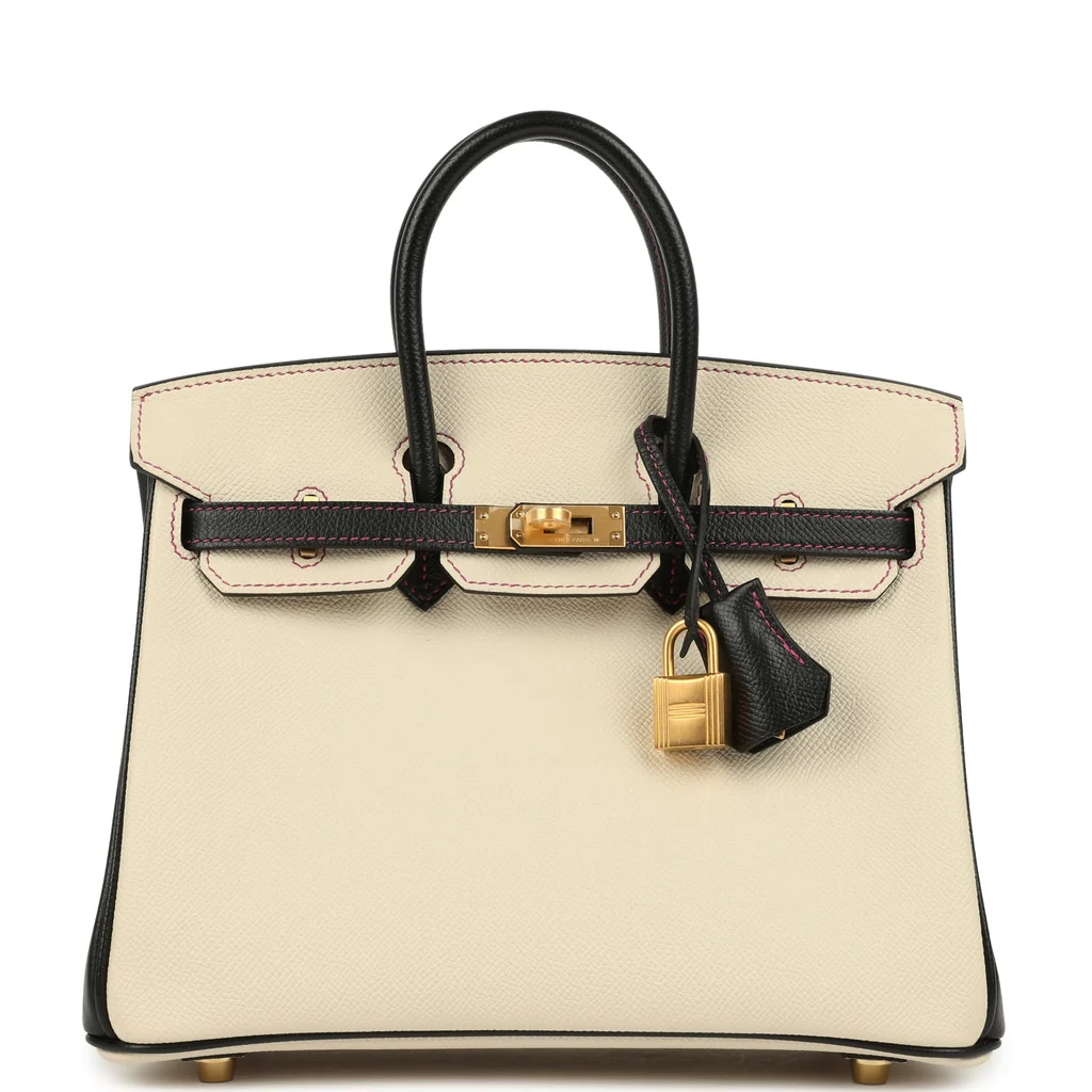 Pre-owned Hermes Special Order (HSS) Birkin 25 Craie, Black Epsom Brushed Gold Hardware