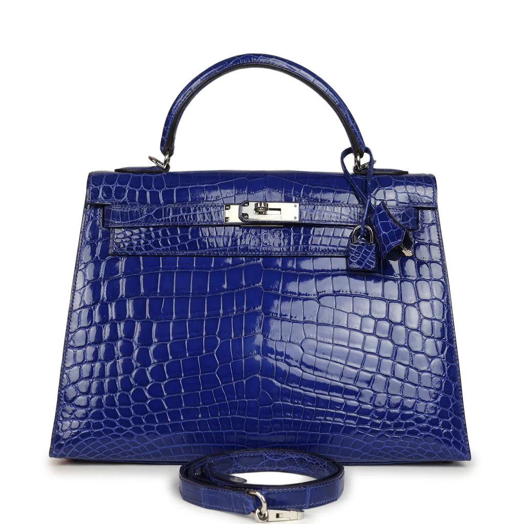 Pre-owned Hermes Kelly Sellier 32 Bleu Electric Shiny Niloticus Crocodile Palladium Hardware